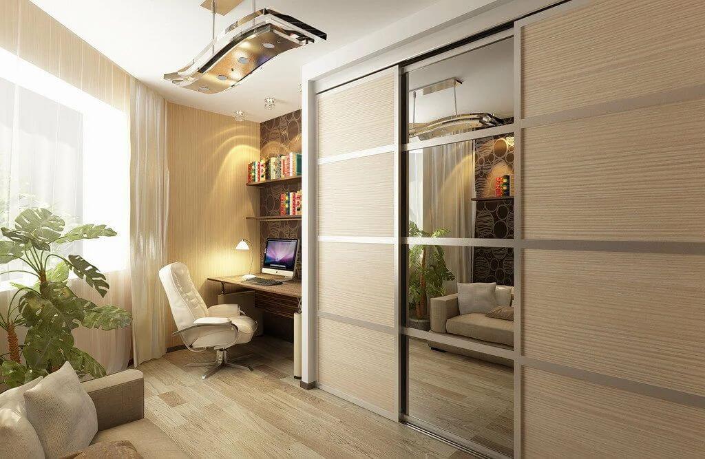 /Серый встроенный шкаф-купе №46 с зеркалом и декоративными вставками на заказ